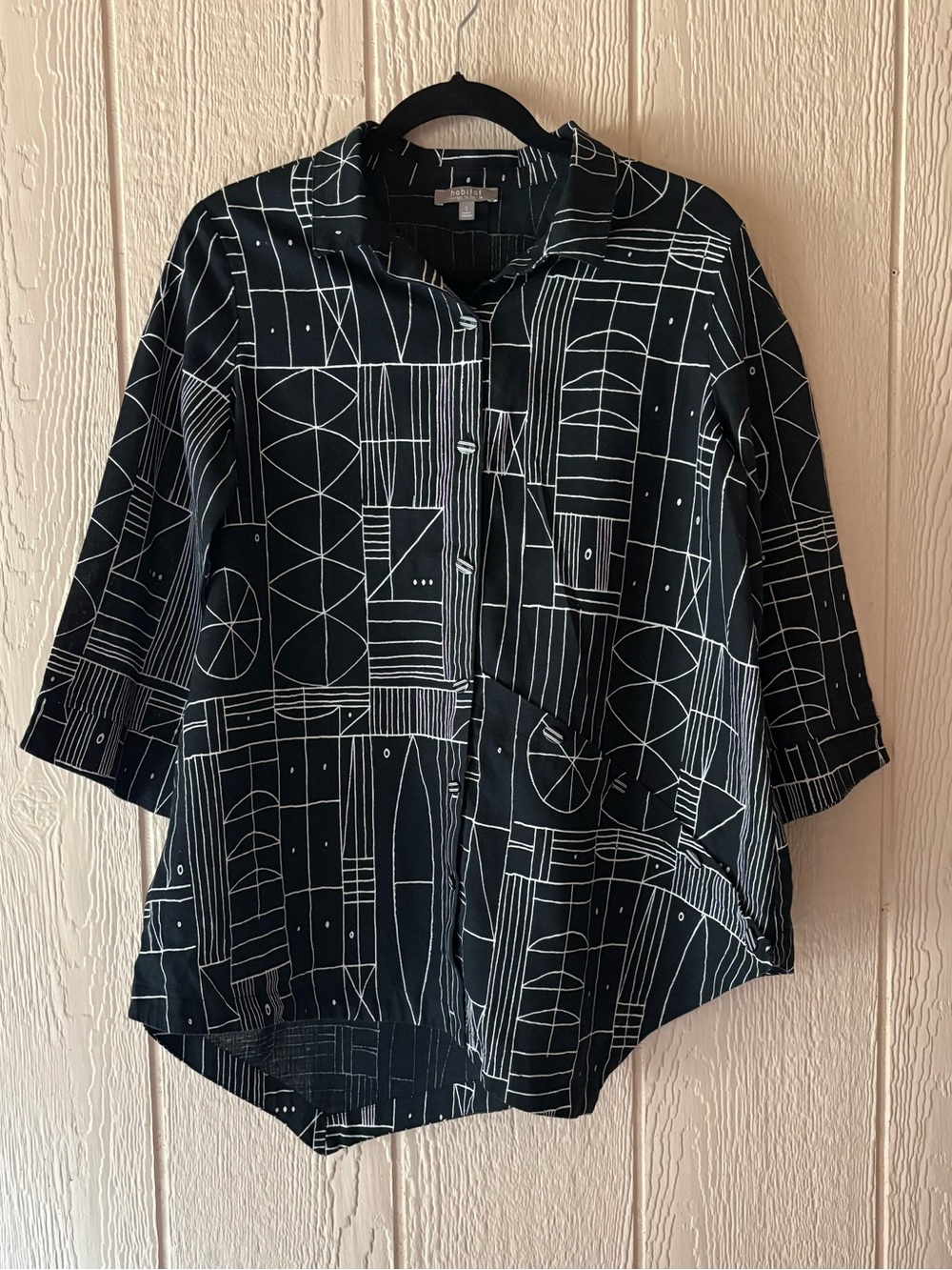 Habitat Black White Abstract Geometric Print Button Up Shirt Linen Blend Small